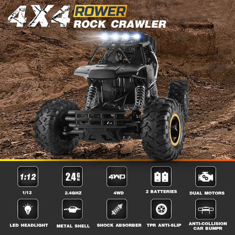 One Twelve Scale RC Off Road Monster Truck With Metal Shell And LED Headlights, shown on rugged terrain with 4x4 drive features.
