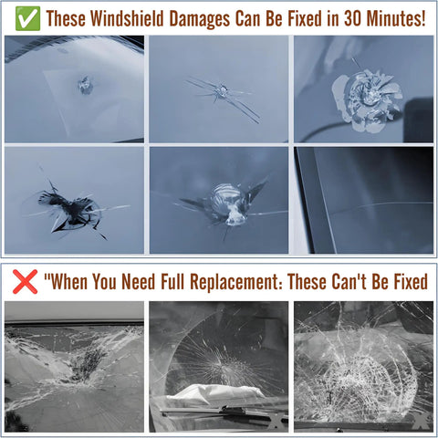 Upgraded Windshield Repair Kit For Chips And Cracks Fast Fix With Pro Grade High Pressure Resin Injection And Nano Resin illustration showing repairable and non-repairable windshield damages.