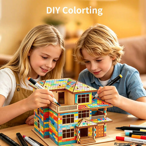 Children coloring 3D Wooden Villa Puzzle Model Kit For Adults, DIY Home Office Decor, Stress Relief And Screen Free Activity