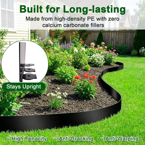 Garden displaying No Dig Landscape Edging Kit 33 Ft Long 4 Inch Tall Black Plastic Border with flowers alongside pathway.