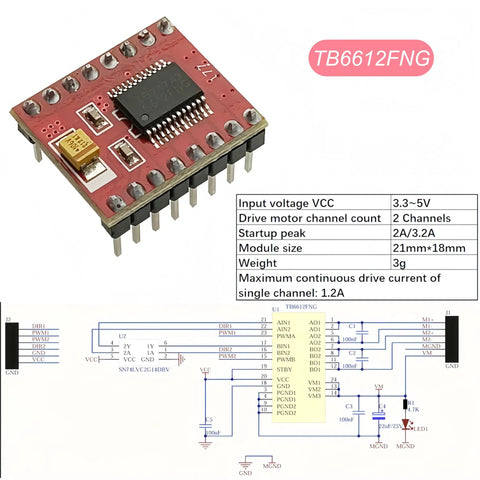 Dual TB6612FNG Motor Driver Module For Arduino Raspberry Pi ESP32 Solder Pin Version 2 Channel DC Motor And Stepper Motor Controller Board H Bridge Driver For Small Robots And DIY Projects with schematic diagram and specifications
