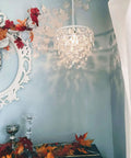 Plug In Crystal White Dome Chandelier With Five Tiers Of Clear Acrylic Crystals, White Metal Frame, wall decor view