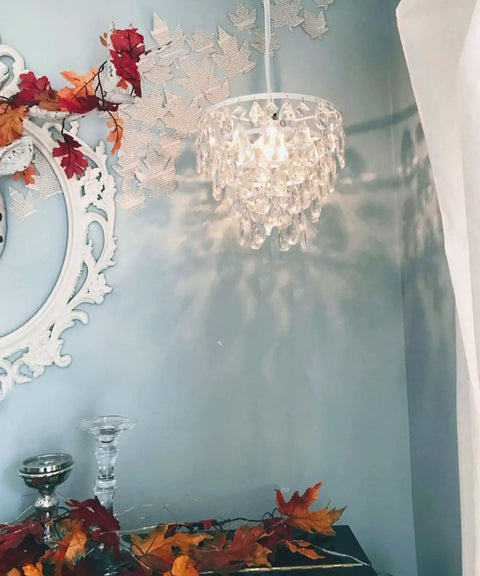 Plug In Crystal White Dome Chandelier With Five Tiers Of Clear Acrylic Crystals, White Metal Frame, wall decor view