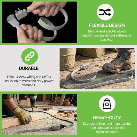 Hands holding Heavy Duty Appliance Extension Cord 25 Ft Gray With Angle Plug for Air Conditioners Washers Dryers