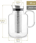All In One Extra Large Multi Brew Borosilicate Glass Teapot Kettle And Pitcher With Tip And Pour Filter Lid For Hot Tea Iced Tea Cold Brew And Fruit Infused Water Plastic Free No Fuss, 2.5L capacity, side view