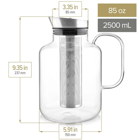 All In One Extra Large Multi Brew Borosilicate Glass Teapot Kettle And Pitcher With Tip And Pour Filter Lid For Hot Tea Iced Tea Cold Brew And Fruit Infused Water Plastic Free No Fuss, 2.5L capacity, side view
