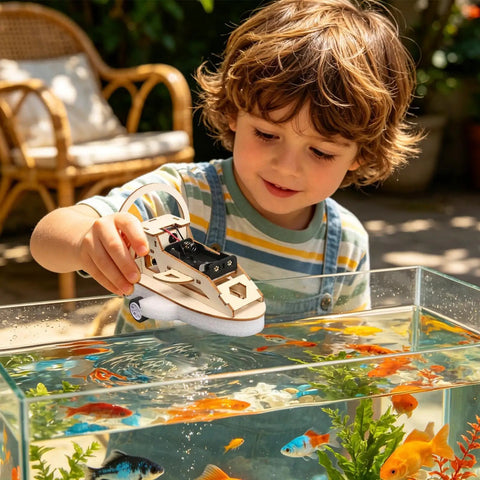 Child playing with Wooden Vehicle Model Kit For Hands On Mechanical Engineering Fans over a fish tank