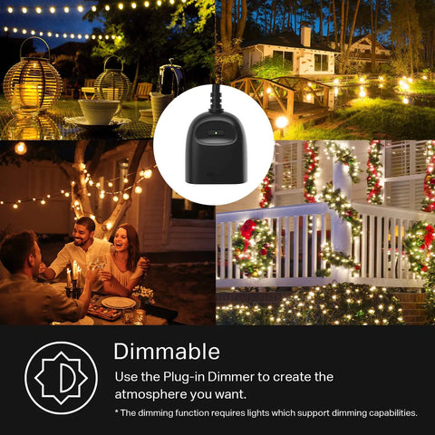 Outdoor Smart Dimmer Plug For Dimmable String Lights, Weather Ready IP64, shown with festive lighting setup