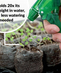 Hand holding spray bottle next to seedlings in All In One Seed Starting Kit With 72 Cell Germination Trays 144 Peat Pellets