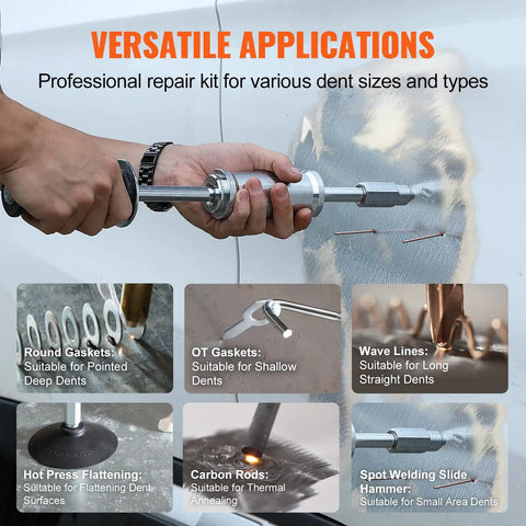 Close-up of the Dent Repair Kit With 3KW Spot Welder And 6 Welding Modes Auto Body Dent Puller Machine in use on car.