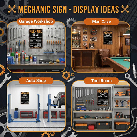 Vintage Badass Mechanic Hourly Rate Metal Wall Sign in garage workshop, showcasing tools and equipment on display.