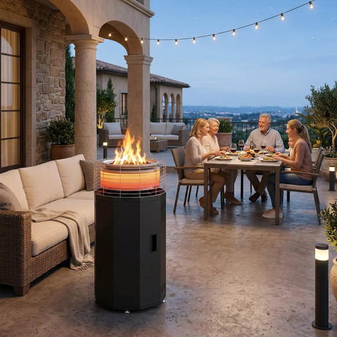 Outdoor Patio Heater And Smokeless Fire Pit 2 In 1 Propane Heater With 56,000 BTU for backyard hangouts and cozy ambience.