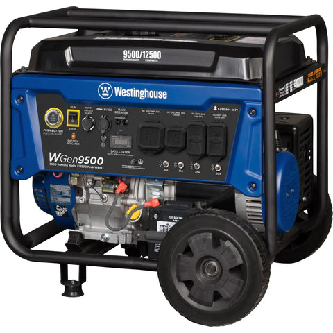 Gas Powered Portable Backup Generator With Remote Start And Auto Choke, 12500 Peak Watts And 9500 Running Watts, showing outlets.