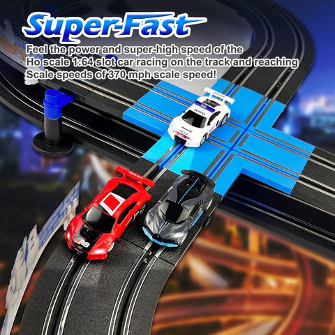 High Speed Slot Car Track Set With Dual Lanes, Four Officially Licensed Cars, Two Hand Controllers on track with lap counter