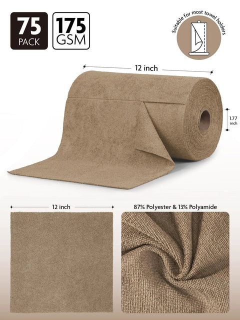 Tan Fantasticlean microfiber cloth roll with 12x12 inch towels, 75-pack, tear-away, reusable.