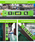 Heavy Duty Nine Inch Torpedo Level With Mighty Magnet Strip And Triple Clear Vials Delivering Spot On 45 90 180 Degree Reads in various measurement angles.