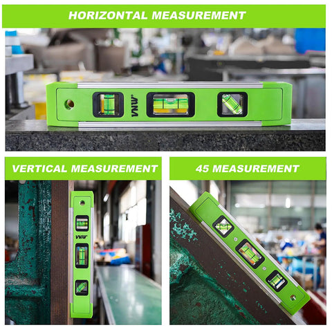 Heavy Duty Nine Inch Torpedo Level With Mighty Magnet Strip And Triple Clear Vials Delivering Spot On 45 90 180 Degree Reads in various measurement angles.