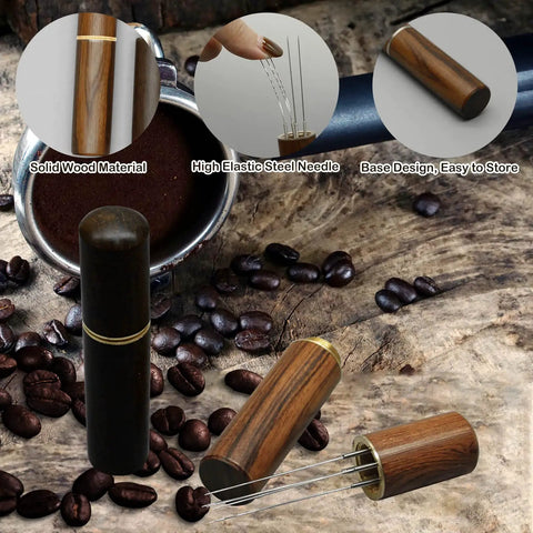 Two Pack Espresso Distribution Tool Set With Walnut And Rosewood Wood Handle Five Needle Espresso Stirrers for even extraction