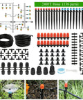 All In One 240 Ft Drip Irrigation Kit With One Half Inch Main Tubing And One Quarter Inch Distribution Tubing For Plug And Play Setup Automatic Garden Watering And Misting System For Greenhouse Yard And Lawn With 136 Parts displayed with components and setup diagram