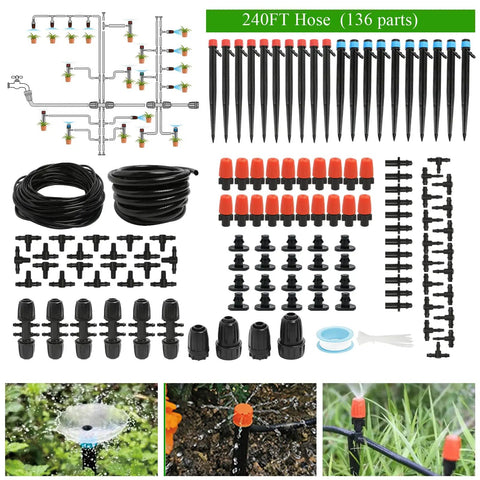 All In One 240 Ft Drip Irrigation Kit With One Half Inch Main Tubing And One Quarter Inch Distribution Tubing For Plug And Play Setup Automatic Garden Watering And Misting System For Greenhouse Yard And Lawn With 136 Parts displayed with components and setup diagram
