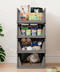 Stackable Plastic Storage Baskets 2 Pack Foldable Closet Organizers and Storage Bins with cat supplies in room setting