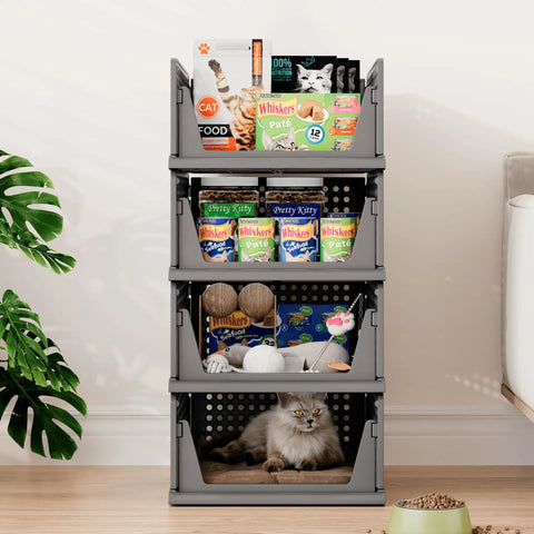 Stackable Plastic Storage Baskets 2 Pack Foldable Closet Organizers and Storage Bins with cat supplies in room setting