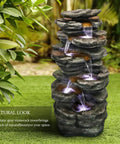 40 Inch High Six Tier Cascading Rock Outdoor Water Fountain With LED Lights for garden patio yard and deck decor