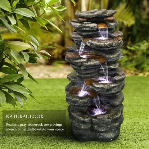 40 Inch High Six Tier Cascading Rock Outdoor Water Fountain With LED Lights for garden patio yard and deck decor