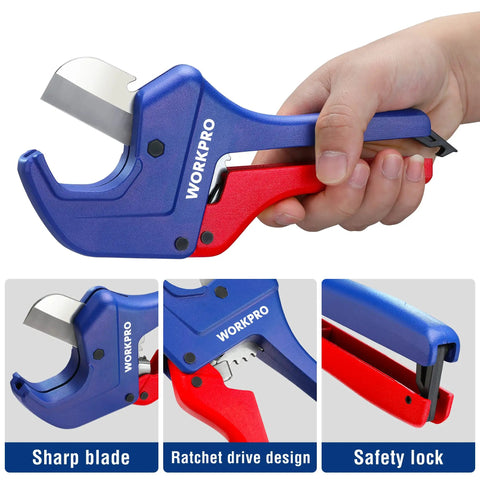 Built Tough Ratchet Pipe Cutter For PEX PVC PPR And Plastic Hoses Up To One And Five Eighths Inches in hand, showing sharp blade and safety lock.