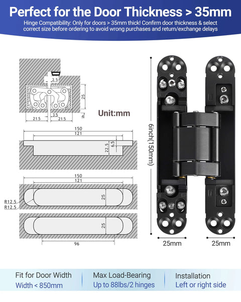 Diagram of 6 Inch Invisible Door Hinges For Doors 3D Adjustable 180 Degree Swing Heavy Duty Concealed Zinc Alloy 88 Lbs Load Capacity Per Pair Sleek Matte Black Finish 2 Pack By Polar Tangro