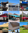 Collage of various outdoor shade installations with Beige 8x8 Foot Shade Sail Rectangle Canopy For Patio And Backyard All Season Sun Block Heavy Duty Commercial Grade Outdoor Shade Cover UV Resistant And Durable For Lawn Garden