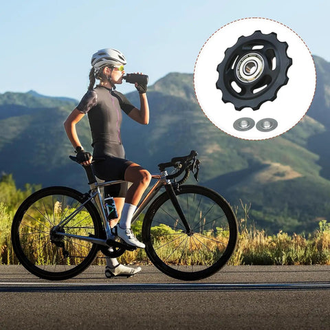 Cyclist riding road bike with inset of 2 x 13T Bicycle Gear Jockey Wheels Upgrade for Most Bikes, Pro Grade Derailleur Pulleys, Black.