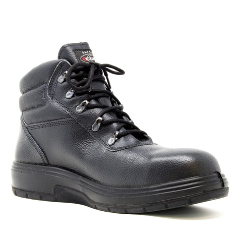 Black Heat Resistant Asphalt Work Shoes With Composite Safety Toe, leather upper, nitrile rubber outsole, side view.