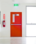 Illustration of Fire Extinguisher Sign Sticker Set Of 36 4 By 12 Inch 5 Mil Vinyl Self Adhesive Weatherproof Bright Red and White installed indoors.