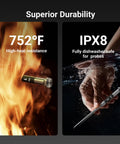 Smart Bluetooth Wireless Meat Thermometer With Standalone Display Base No App Required 10X Sub 1G Signal Stability showing high-heat resistance and IPX8 waterproof rating.