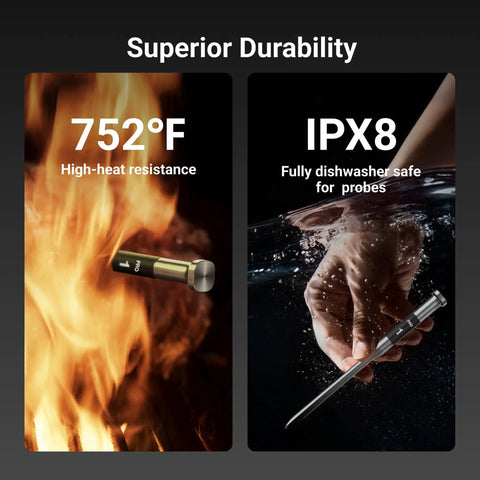 Smart Bluetooth Wireless Meat Thermometer With Standalone Display Base No App Required 10X Sub 1G Signal Stability showing high-heat resistance and IPX8 waterproof rating.