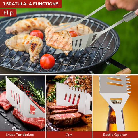 Person using 15 Piece Grill Set With Carrying Case Stainless Steel BBQ Tools Kit's 4 in 1 spatula on grill and showing features.