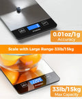 Digital Food Scale For Home Cooks, 33lb Capacity, 1g Precision, stainless steel kitchen scale with fruit on display