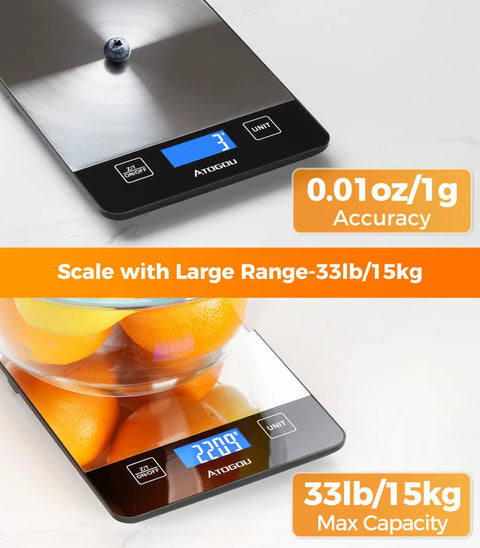 Digital Food Scale For Home Cooks, 33lb Capacity, 1g Precision, stainless steel kitchen scale with fruit on display
