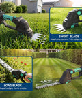 Cordless Hedge Trimmer With Battery 20V No Cords For Quick Hedge Edging And Lawn Cleanup 2 In 1 Grass Shear And Shrub Trimmer Includes 2x 2Ah Batteries And Charge Base in garden setting showing short and long blades.