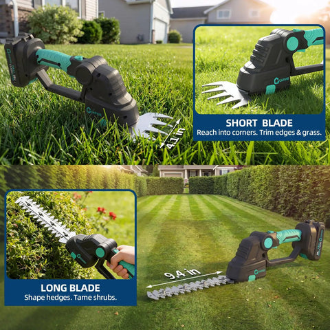 Cordless Hedge Trimmer With Battery 20V No Cords For Quick Hedge Edging And Lawn Cleanup 2 In 1 Grass Shear And Shrub Trimmer Includes 2x 2Ah Batteries And Charge Base in garden setting showing short and long blades.