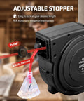 Retractable Extension Cord Reel With 40 Ft Heavy Duty Power Cord 12/3C SJTOW Lighted Triple Tap Outlets 15A Circuit Breaker Wall Or Ceiling Mount UL Listed Red showing adjustable stopper and cord.