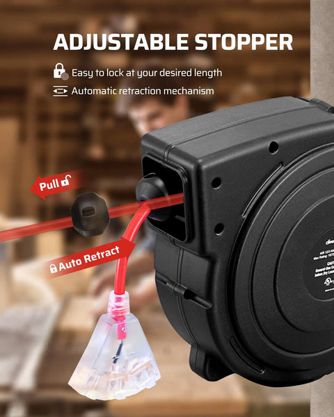 Retractable Extension Cord Reel With 40 Ft Heavy Duty Power Cord 12/3C SJTOW Lighted Triple Tap Outlets 15A Circuit Breaker Wall Or Ceiling Mount UL Listed Red showing adjustable stopper and cord.