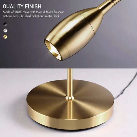 Boss Adjustable LED Floor Lamp With Dimmable Zoomable Spotlight Flexible Gooseneck For Reading And Crafting At Home Office From Wide To Focused Beam Antique Brass Finish, featuring a close-up of the spotlight and base in antique brass.