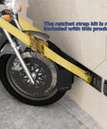 Heavy Duty E Track Motorcycle Wheel Chock For Dirt Bikes, Fits 2 To 6 Inch Tires, 10 Gauge Steel Black, mounted on wall