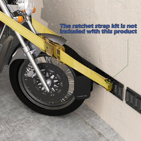 Heavy Duty E Track Motorcycle Wheel Chock For Dirt Bikes, Fits 2 To 6 Inch Tires, 10 Gauge Steel Black, mounted on wall