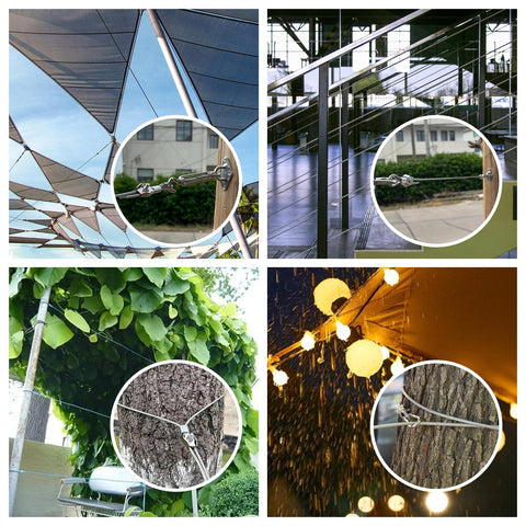 Installation of Shade Sail Hardware Kit With One Eighth Inch Wire Rope Measuring 131 Feet for outdoor use