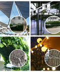 All In One Shade Sail Hardware Kit With 65.5 Ft 1 Eighth Inch Wire Rope for triangle and rectangle sun shade sails outdoor install shown installed in various outdoor settings with focus on cables and hooks.