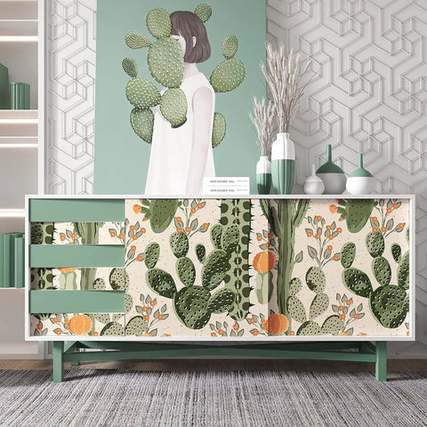 Desert Cactus Wallpaper Peel And Stick Floral Cacti And Succulents Boho Wall Mural for cabinets with green and orange designs.