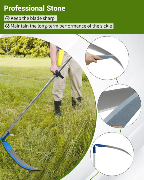 Person using 27 Inch Scythe For Grass Cutting With Sharpening Stone Heavy Duty Steel Blade And 62 Inch Adjustable Handle in tall grass